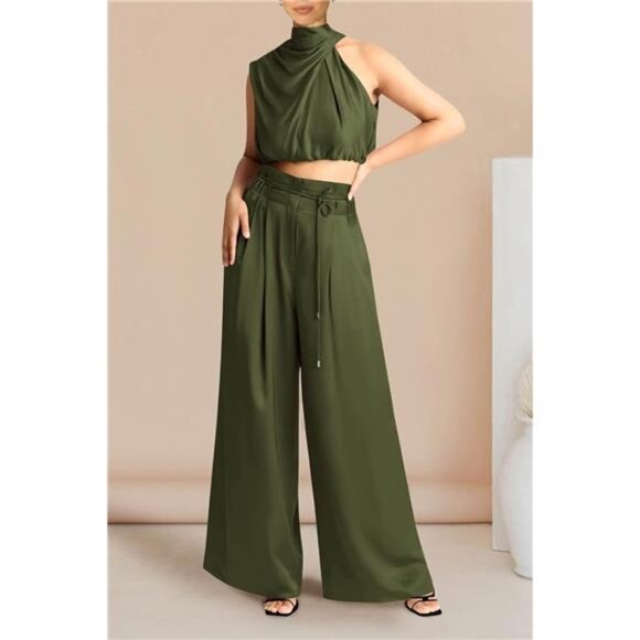 Women's Summer Sleeveless Mock Neck Crop Tops Wide Leg Pants Set - Picture 3 of 7